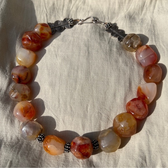 LARGE POLISHED CARNELIAN STONE STERLING SILVER NECKLACE - Picture 4 of 13